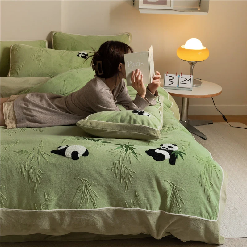 Baumwoll-Bettwäsche-Set mit Relief-Bambus und Panda-Tufting