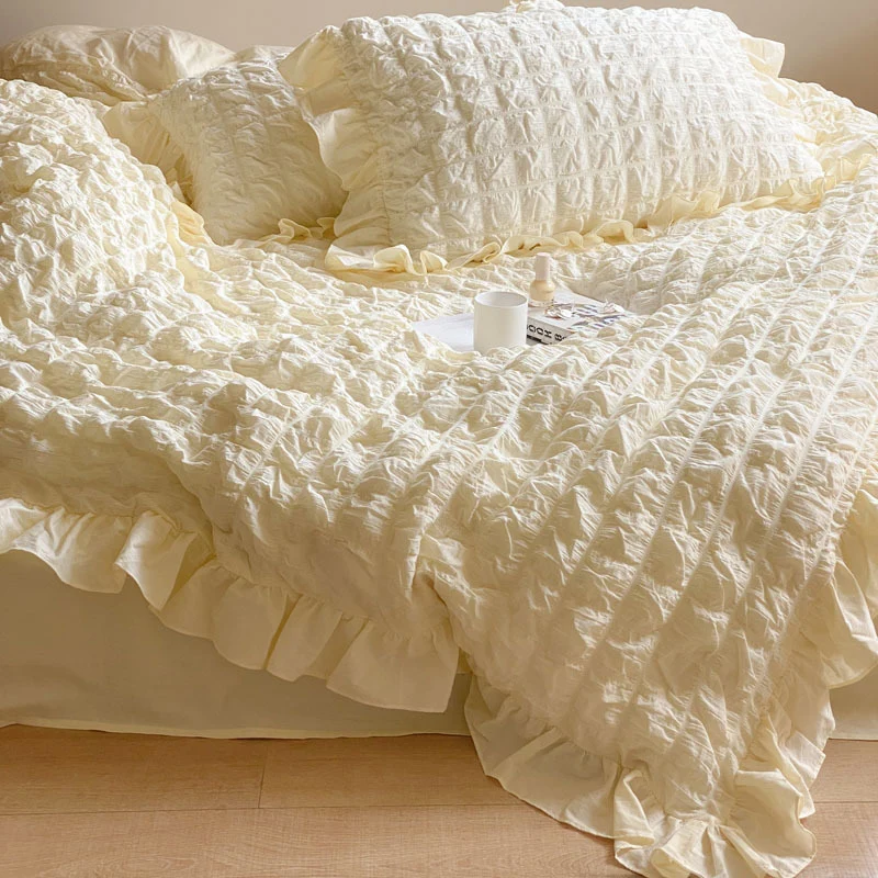 Luxuriöses Crinkle-Bettwäscheset mit Volant und gewaschenem Baumwoll‑Leinenmix