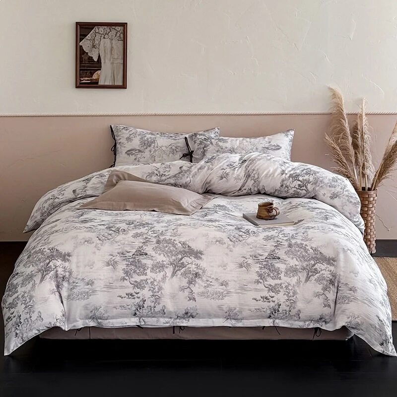 Luxuriöses Baumwollsatin-Bettwäsche-Set mit floralem Muster und Hotelverschluss