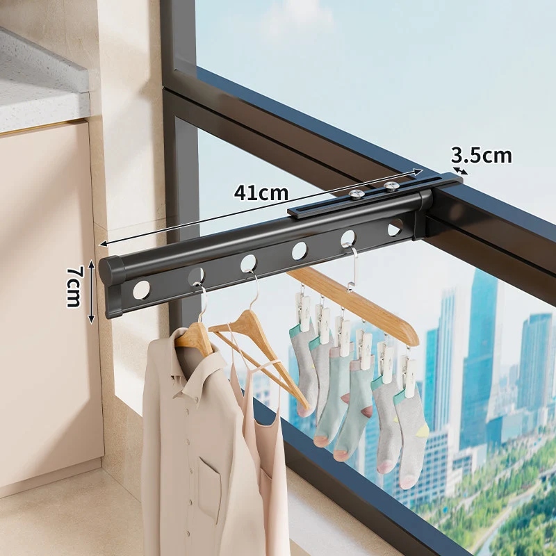 Fenster-Klemme Ausziehbare Trockenstange mit Schienenführung und Mehrloch-Hängestange