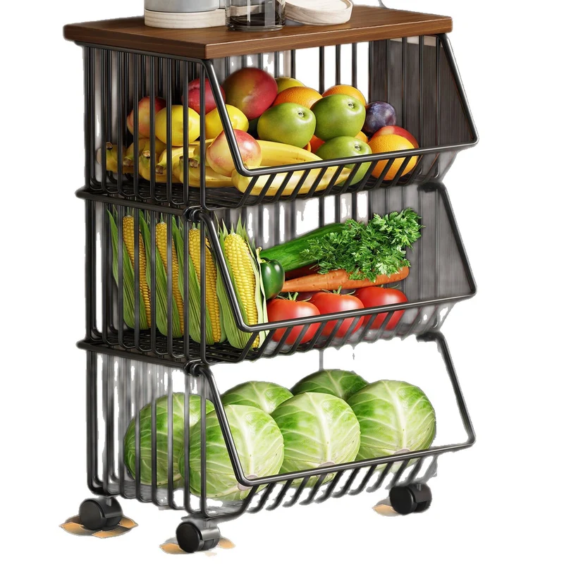 Vertikaler Fünf-Tier-Rollwagen für die Lagerung von Küchenprodukten mit Holzoberfläche und herausziehbaren Drahtkörben