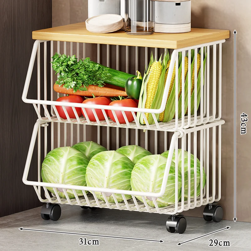 Vertikaler Fünf-Tier-Rollwagen für die Lagerung von Küchenprodukten mit Holzoberfläche und herausziehbaren Drahtkörben