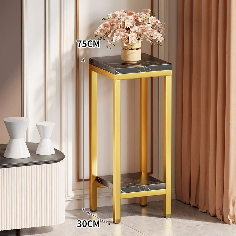 Schmaler hoher Pflanztisch Beistelltisch mit Marmoroberfläche, unterem Regal und goldenem Metallrahmen