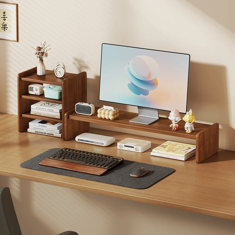 Massivholz-Monitorständer und Schreibtischorganizer mit zweistufigem Regal und Kabelmanagement