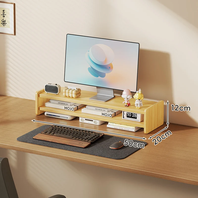Massivholz-Monitorständer und Schreibtischorganizer mit zweistufigem Regal und Kabelmanagement