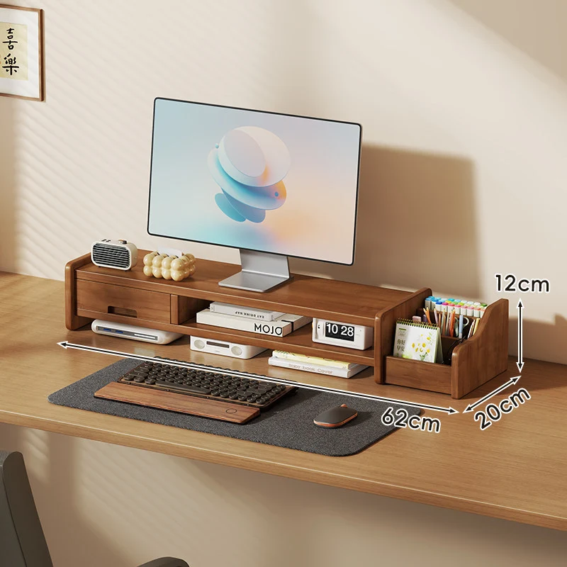 Massivholz-Monitorständer und Schreibtischorganizer mit zweistufigem Regal und Kabelmanagement