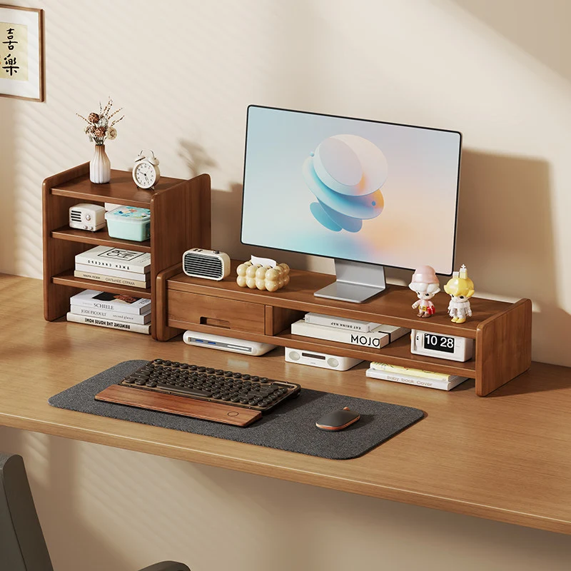 Massivholz-Monitorständer und Schreibtischorganizer mit zweistufigem Regal und Kabelmanagement