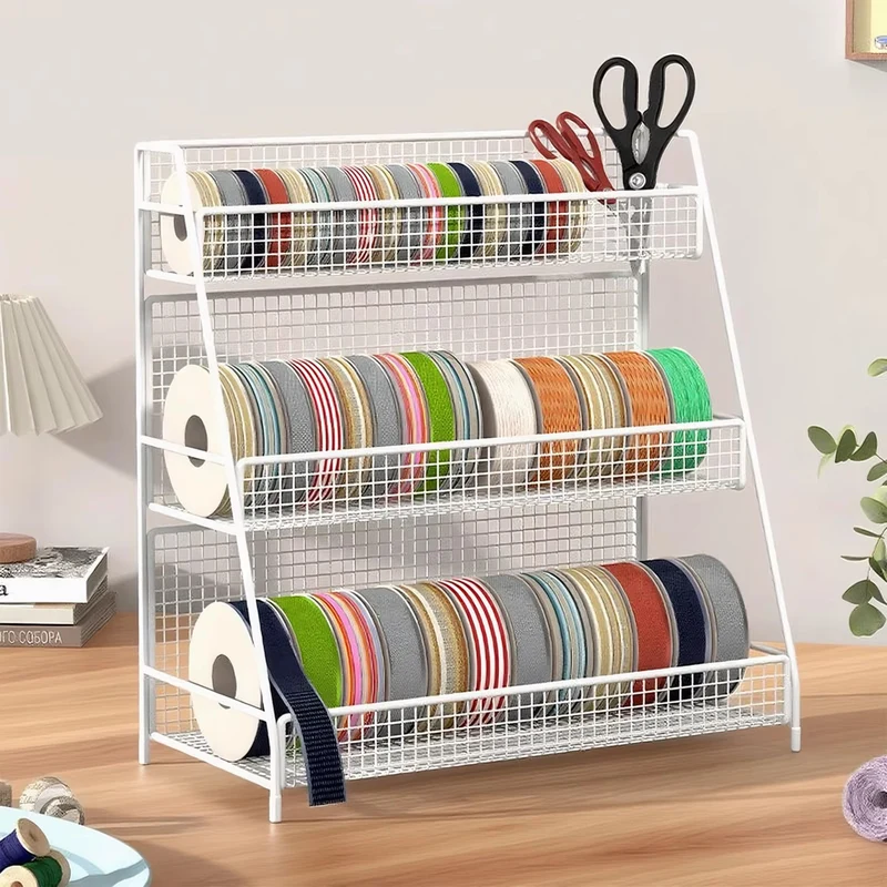 Vierstufiger geneigter Drahtgitter-Roll-Organizer-Ständer für Klebeband, Bänder und Bastelspulen