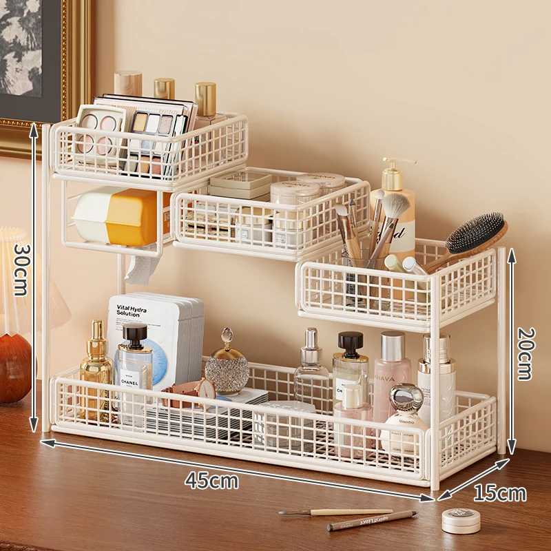 Multi-Tier Metallnetz Kosmetikorganizer mit Taschentuchhalter und verstellbaren Regalen