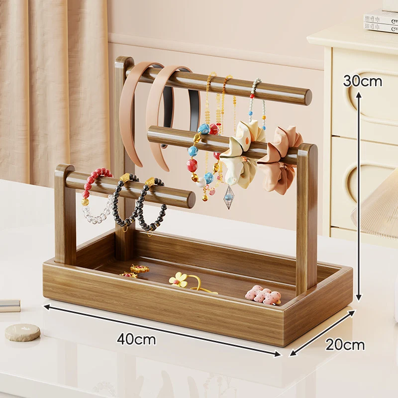 Mehrstufiger Holzschmuckorganisator mit Ablage und Stangenanzeige
