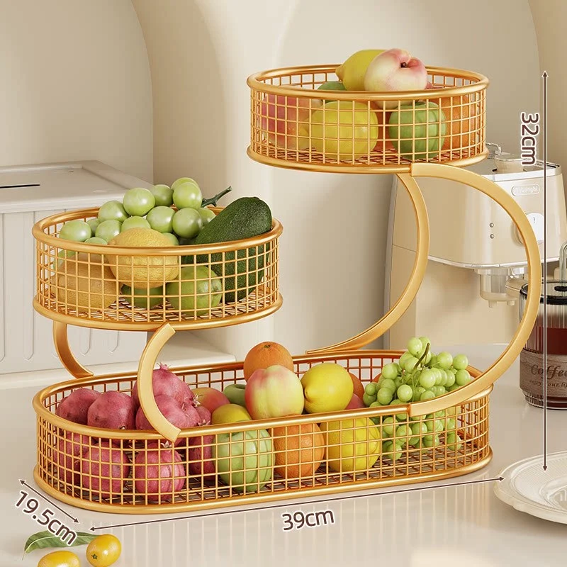 Mehrere Ebenen Spiralförmiger Metall Obst- und Gemüse Lagerstand mit Netz Körben und Taschentuch Box Regal
