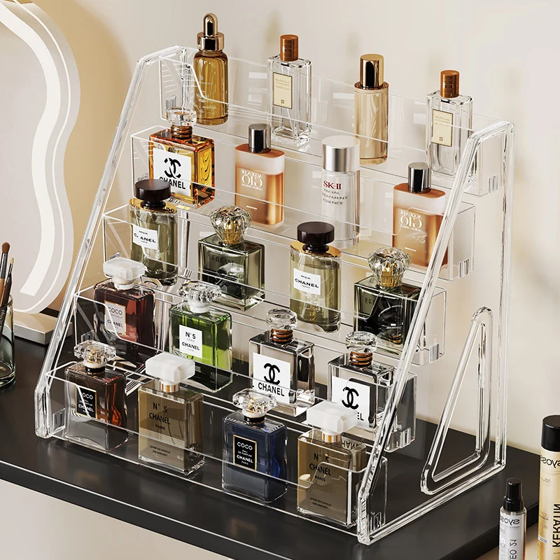 Klarer schräger Acryl-Duftflaschen-Showcase mit abgestuften Regalen
