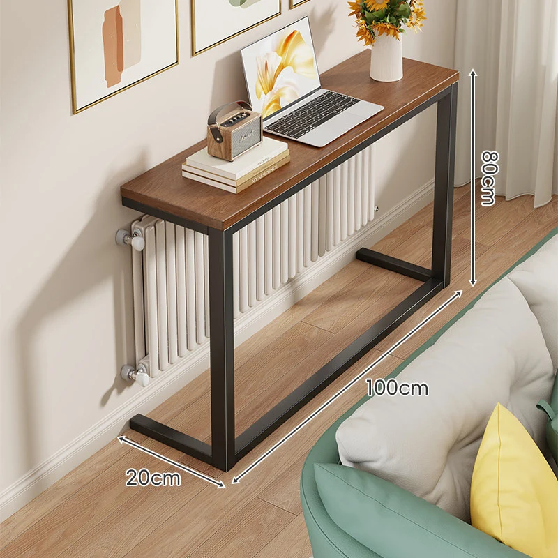Schlanke schmale Konsole mit weißem Metallrahmen und Holzmaserung-Oberfläche