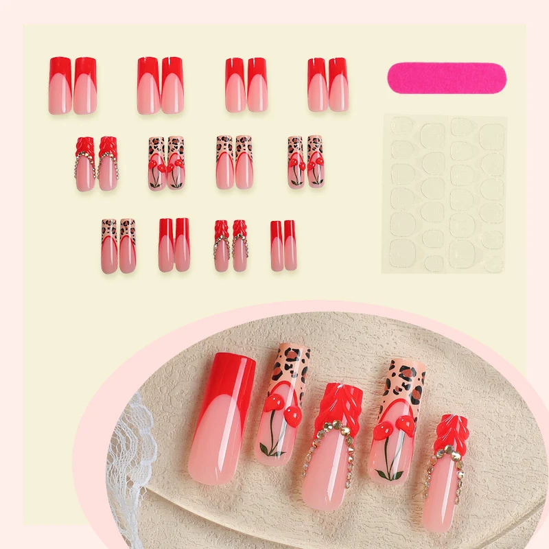 Press-On Nagelkunstset mit Kirsch- und Leopardenmuster