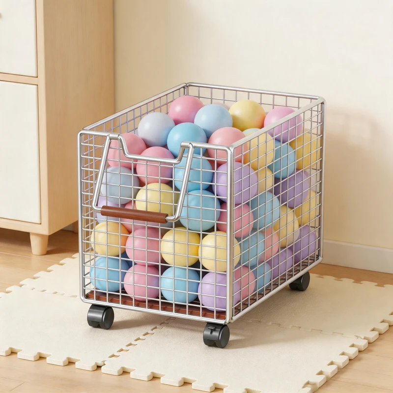 Rolling Metal Mesh Aufbewahrungskorb mit Holzgriff und arretierbaren Rollen