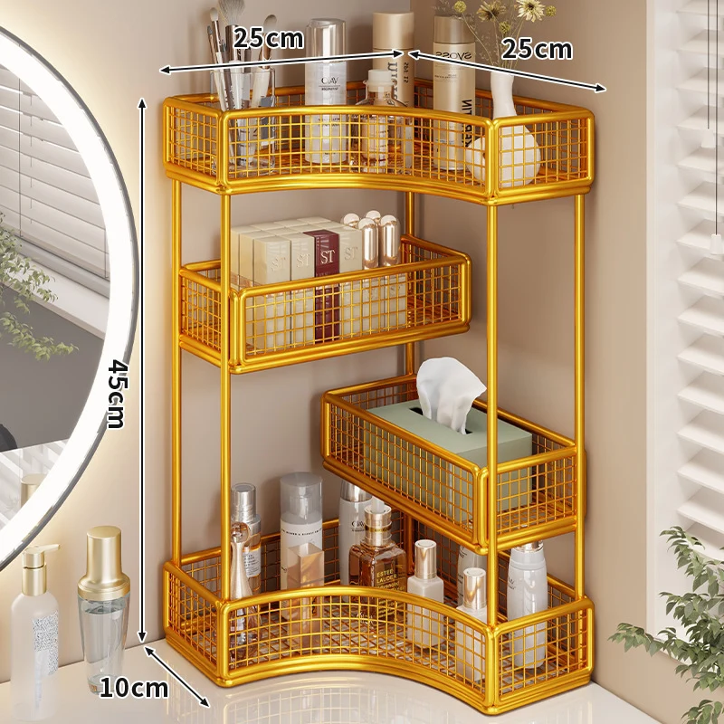 Gekrümmte Ecke Dreitier Metall Mesh Schminktisch und countertop Organizer