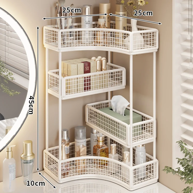 Gekrümmte Ecke Dreitier Metall Mesh Schminktisch und countertop Organizer