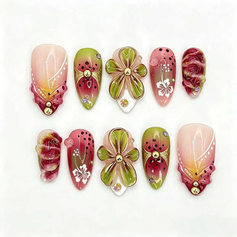 Florales Wassermelonen-Themen Press-On Nagel Kunst Set