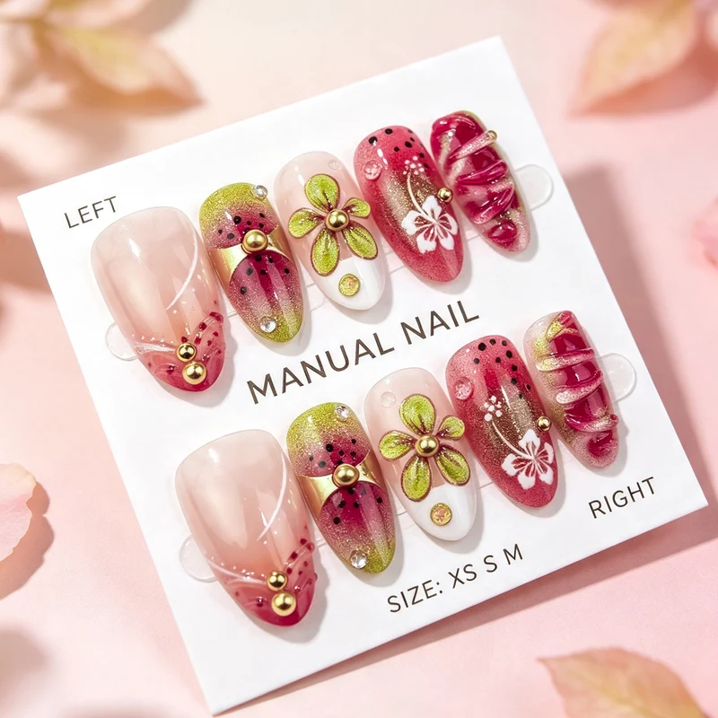 Florales Wassermelonen-Themen Press-On Nagel Kunst Set