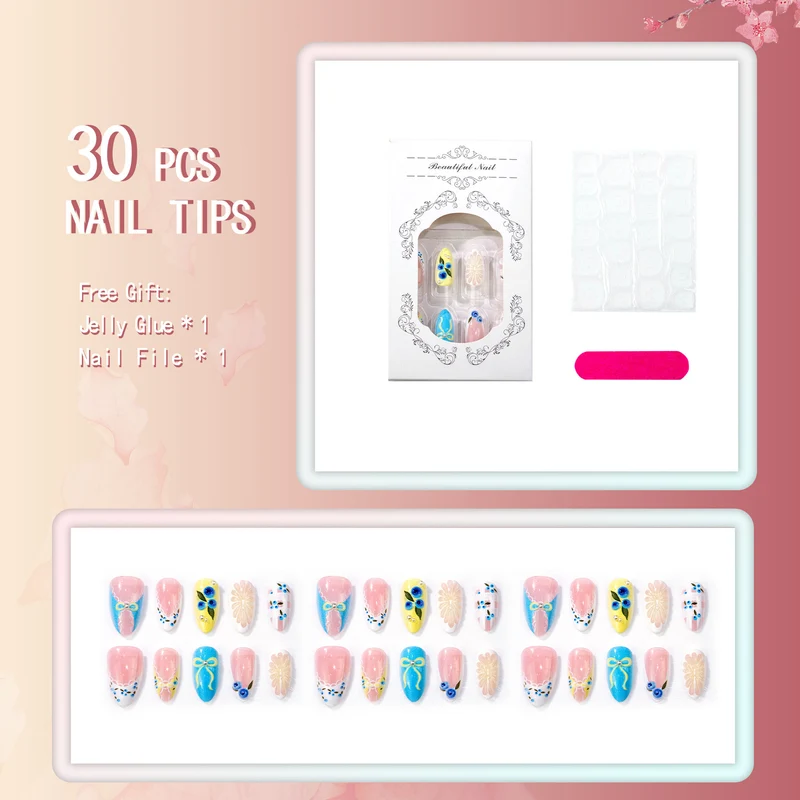 Verspielt mit Blumen verziertes Press-On Nagelset