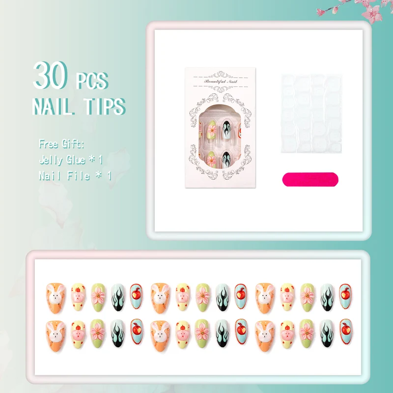 Verspieltes Kaninchen und Blumen Press-On Nagelkunst Set