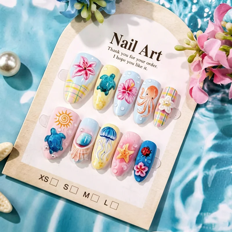 Tropisches vom Ozean inspiriertes Press-On Nagelkunstset