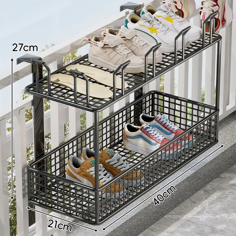 Über-Rail Balkon Schuh-Trocknungs- und Aufbewahrungskorb mit geteilten Mesh-Fächern