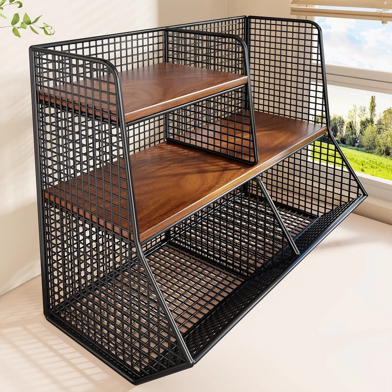 Multi-Ebenen Drahtgitter Arbeitsplatten Vorratsraum Organizer mit Holzregalen und Korb