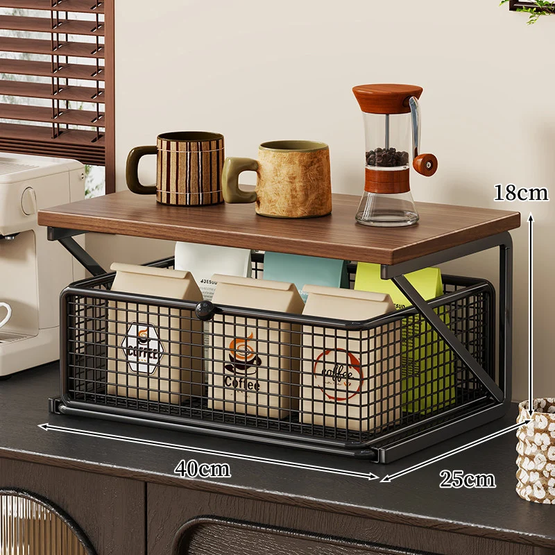 Küchenarbeitsplatte Kaffee Station Organizer mit Holzoberfläche und Metalldrahtkorb