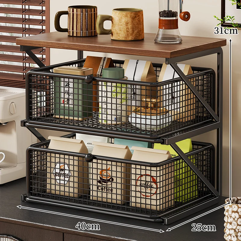 Küchenarbeitsplatte Kaffee Station Organizer mit Holzoberfläche und Metalldrahtkorb