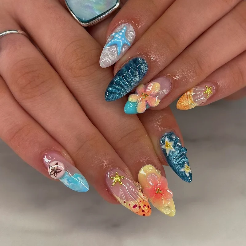 Blumenmeer-inspirierte Press-On-Nagelkunst-Set