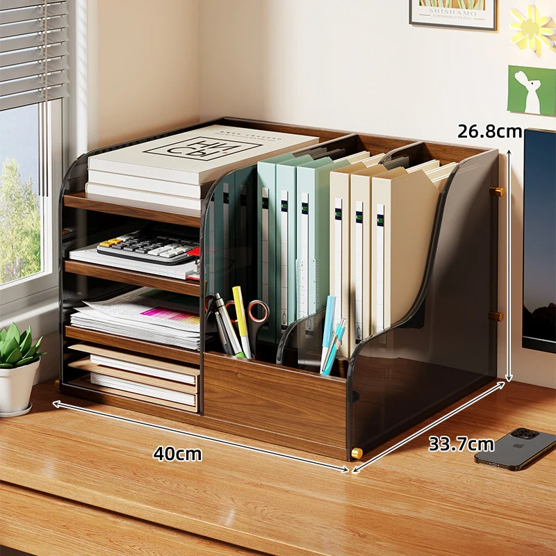 Modularer Holzschreibtisch-Organizer mit Acryl-Dateisortierer und Stiftfächern