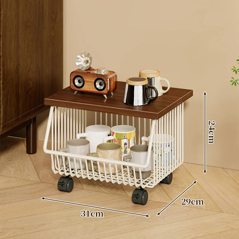 Mobiler Küchenregalwagen mit vier Etagen und Holzplatte sowie rollenden Drahtkörben
