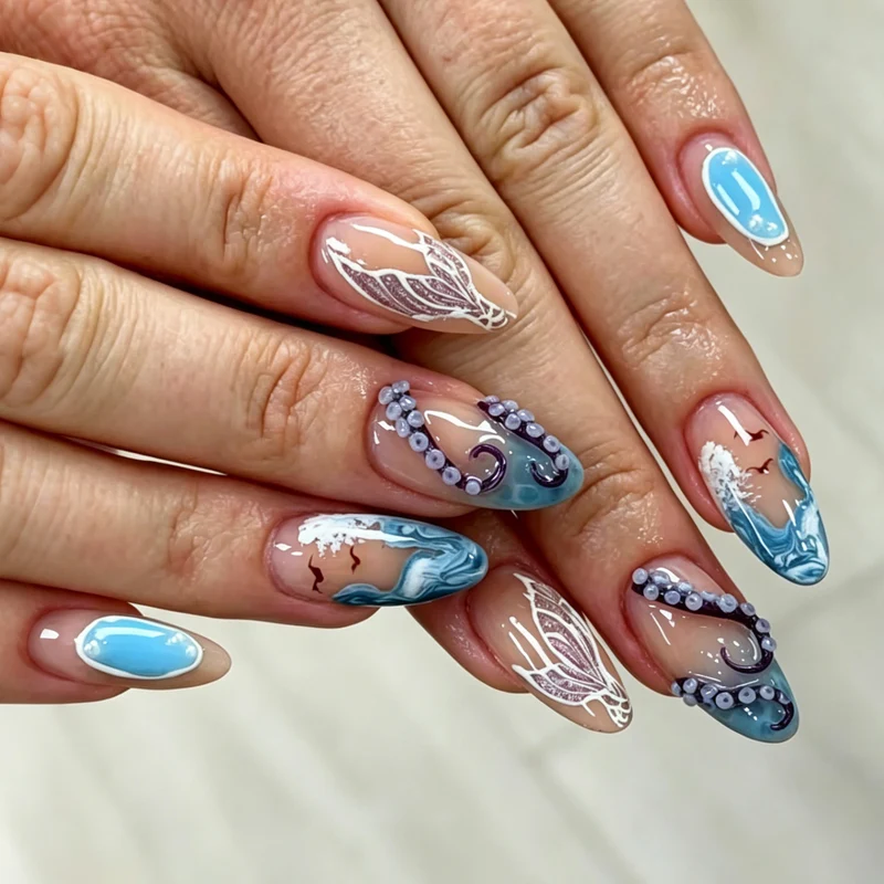 Ozean-inspiriertes Press-On-Nagelkunst-Set