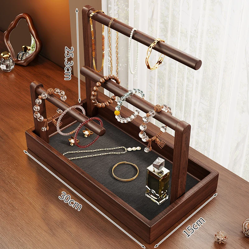 Holz Stufen Schmuck Display Ständer mit drei Stangen und Ablagewanne