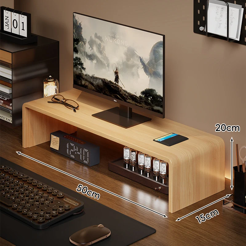 Niedrigprofilierte gebogene Desktop-Monitor-Plattform mit integriertem Unterregal-Organizer und ambienter Hintergrundbeleuchtung