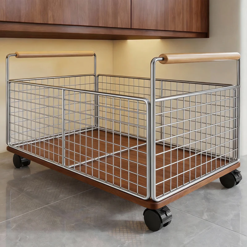 Großer rechteckiger Metallgitter-Bedienkorb mit Holzgriff