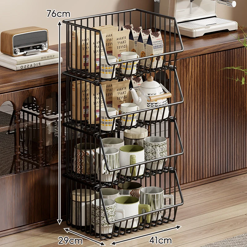 Vier-Tier Hoher Rollwagen aus Draht für Vorratslager und Tassenaufbewahrung mit tiefen schrägen Körben