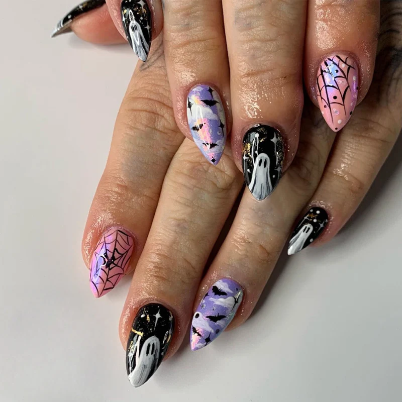 Halloween-Themen Gespenst und Spinne Druck-On-Nagelkunstset