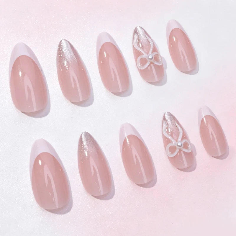 Elegante Press-On Nagelset mit Schleife und Glitzerakzenten