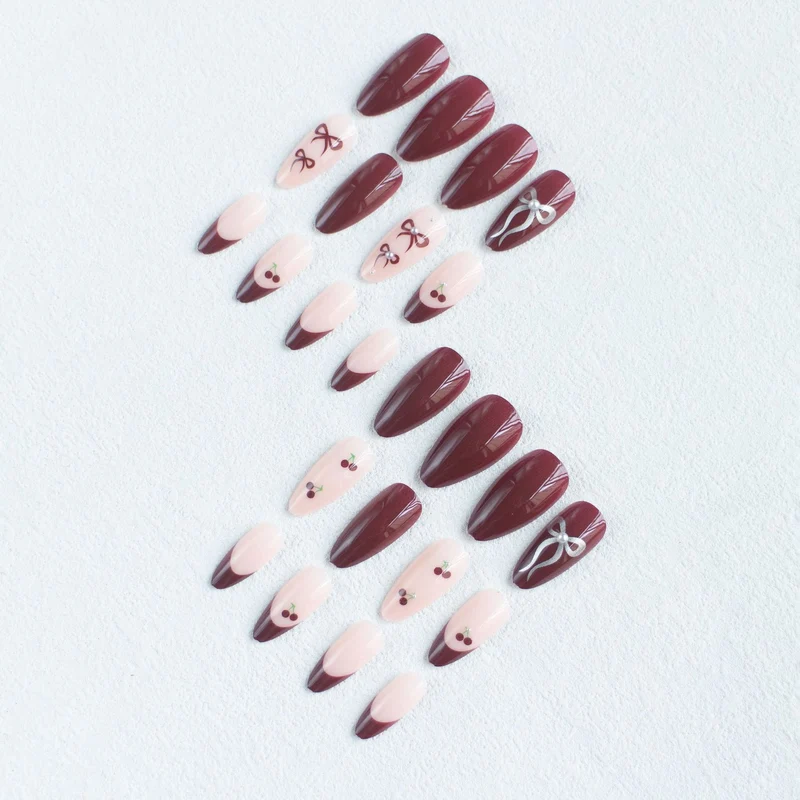 Elegantes Schleifen- und Kirschdesign Nagelkunstset