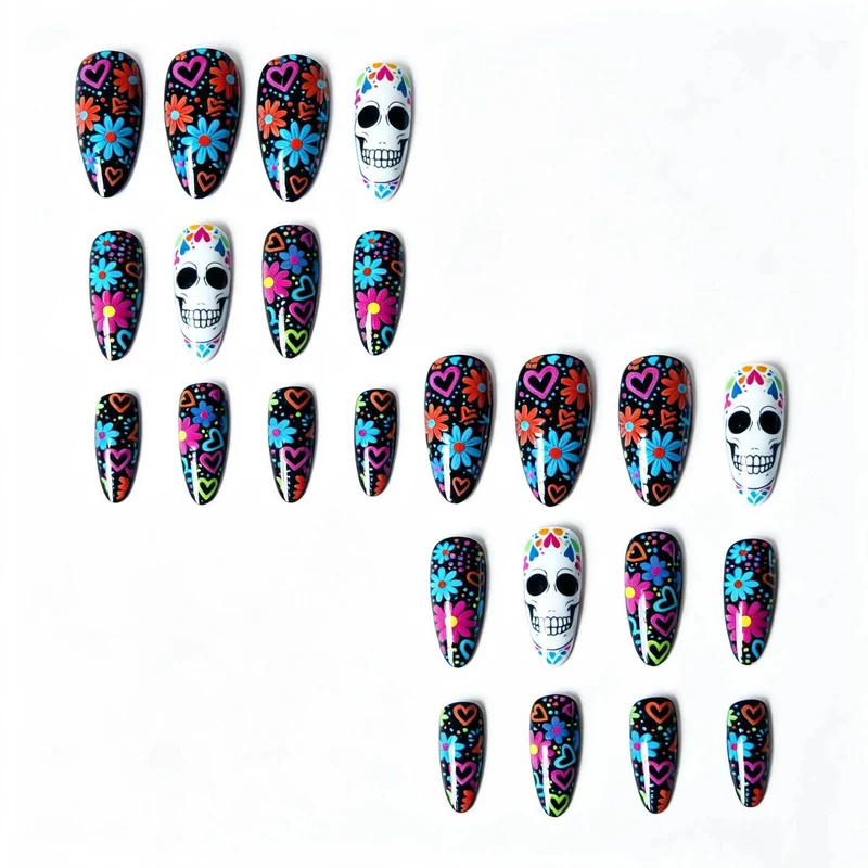 Künstlerisches Skull- und Blumen-Nagelkunst-Kit