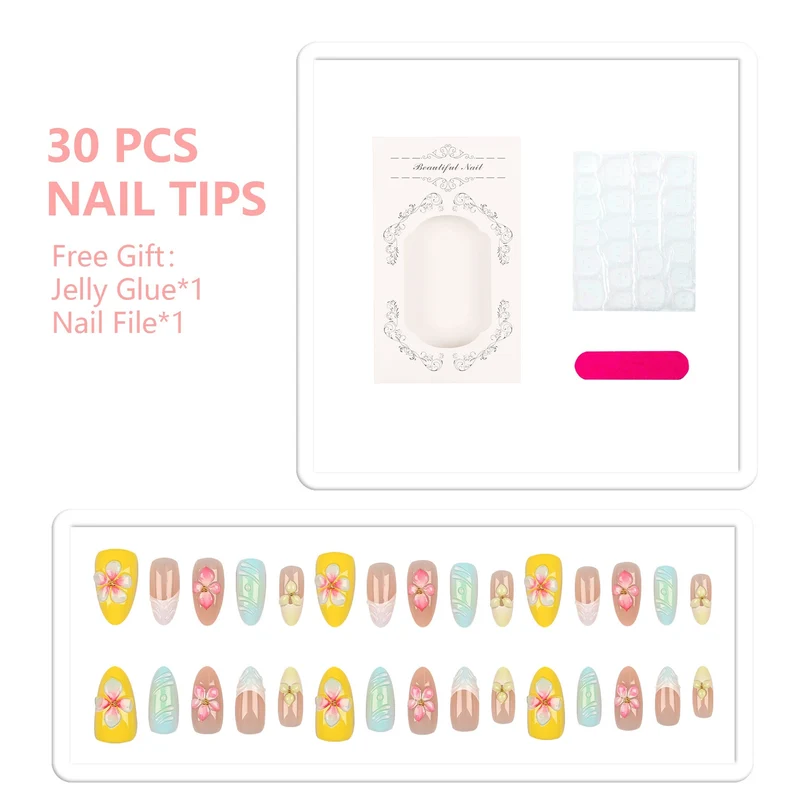 Blumenverzierte Press-On Nagelset