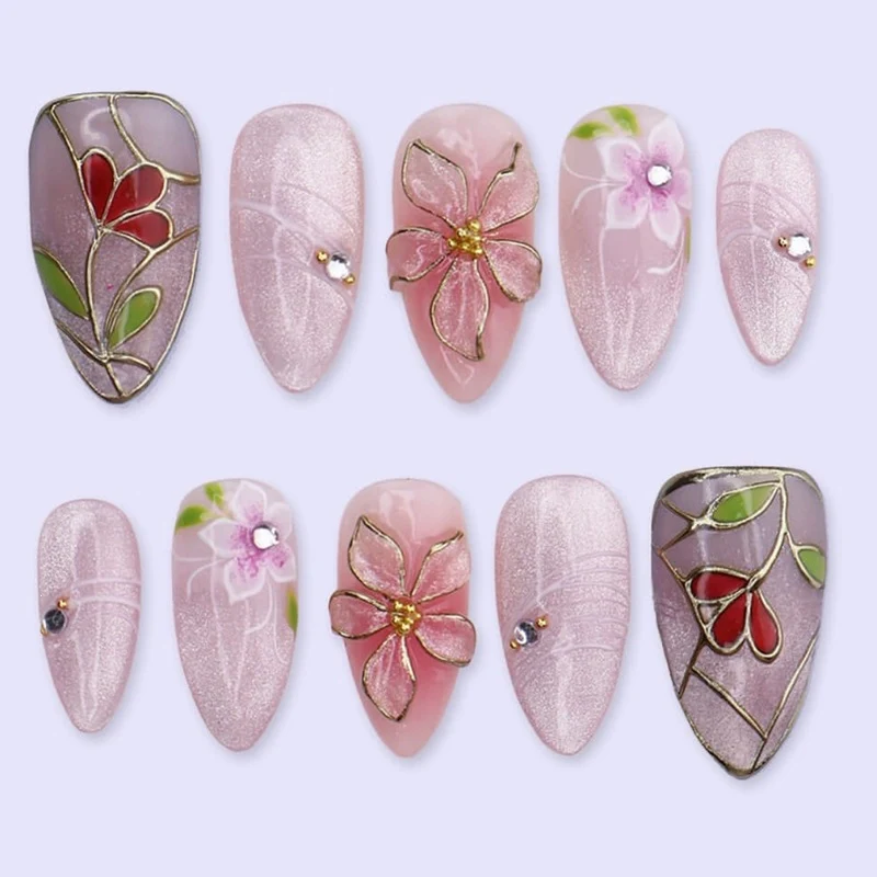 Künstliche Kunstnägel mit floralem Design und schimmerndem Finish Karnz