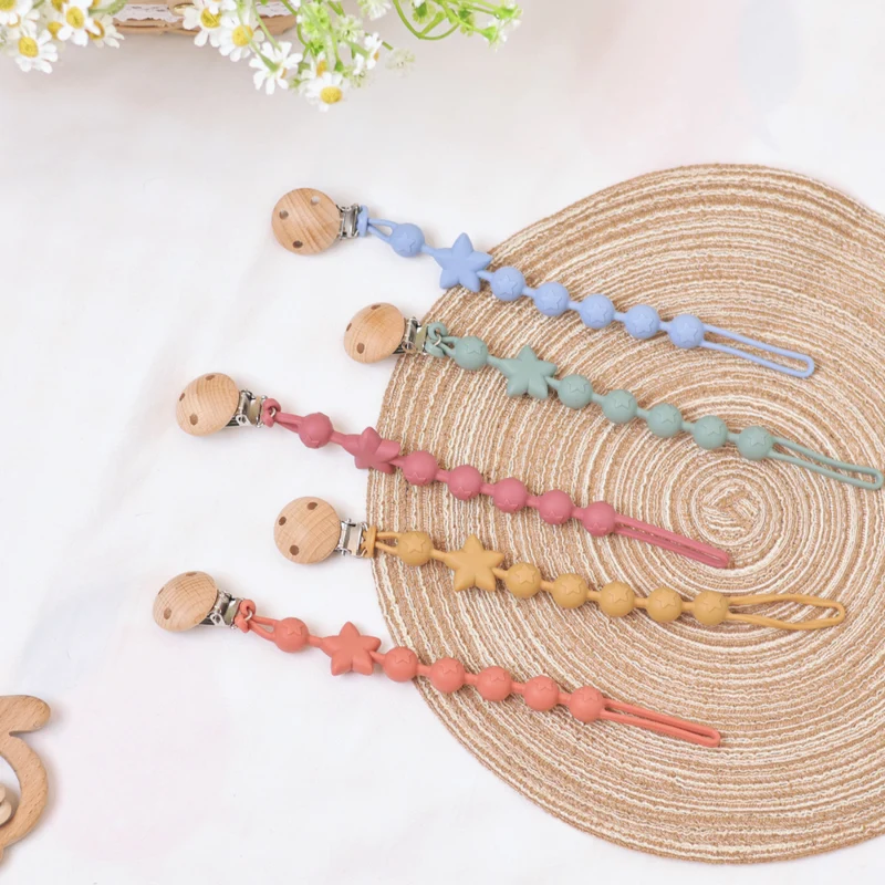 Silikonsternperlen Schnuller und Beißring Clip mit Holz Sicherheitsklemme
