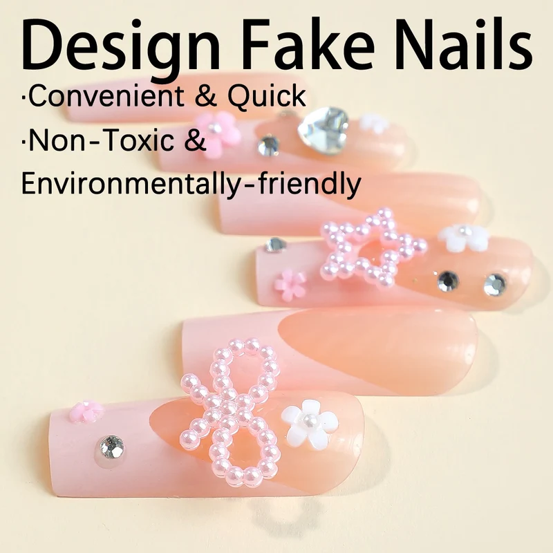 Glamouröses Kunstnagelset mit 3D-Schleifen und Glitzersteinen Karnz