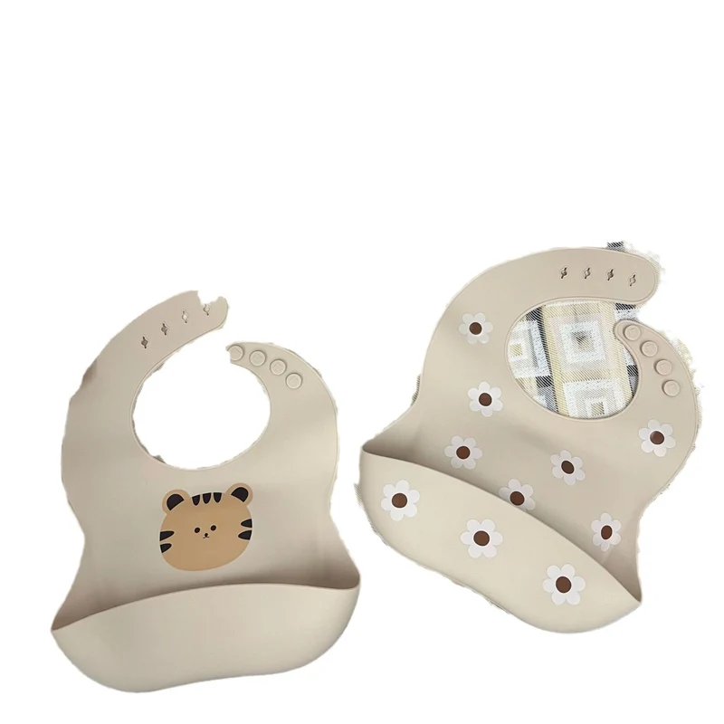 Silikon Baby Lätzchen mit tiefem Krümeltasche und verstellbarem Druckknopf-Hals