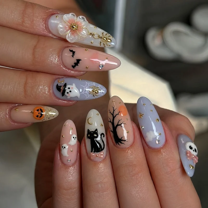 Kreatives Halloween Kunstnagelset mit bunten Motiven Karnz