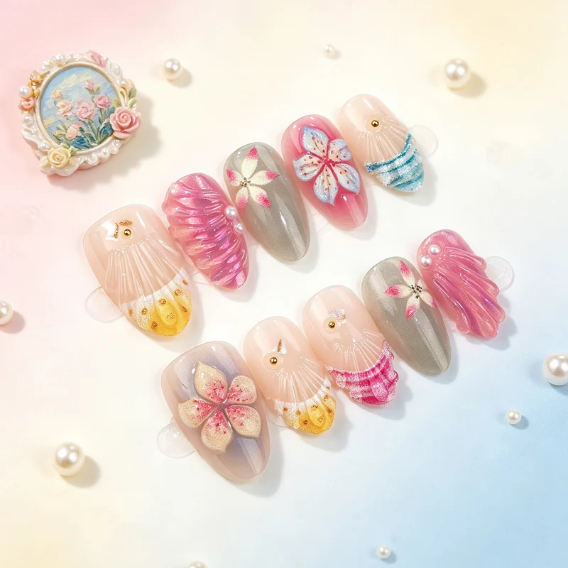 Künstlerisches Press-On-Nagelset mit floralen und Muschel-Designs