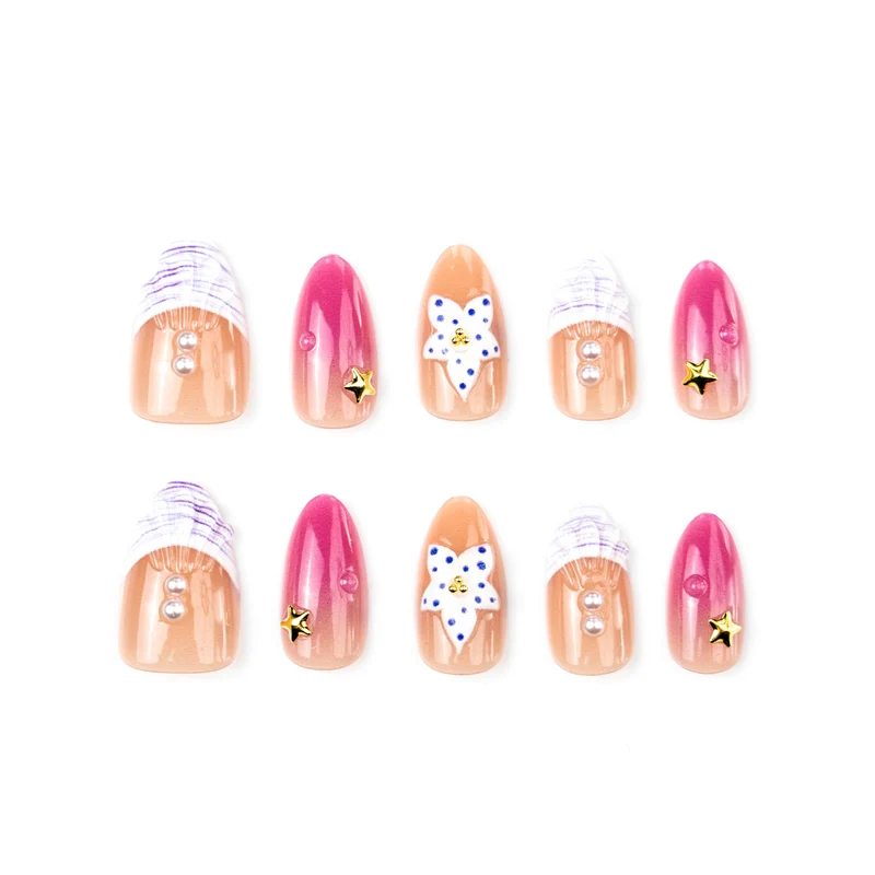Künstlerisches Press-On Nagelset mit floralen und Perlenakzenten